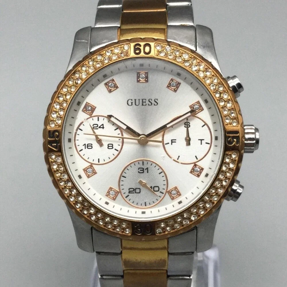 Guess Womens Watch 38mm Rose Gold Two Tone Crystal Bezel New Battery 6.5